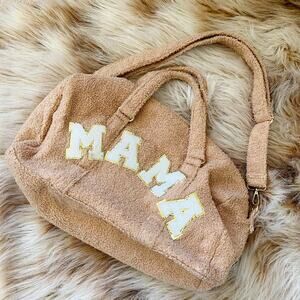 Tan Sherpa 'MAMA' Embroidered Duffle Tote Bag with Crossbody Strap
